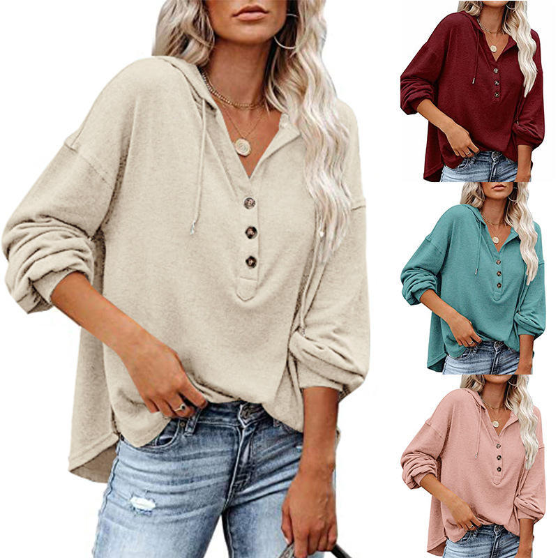 Fashion Casual Loose Solid Color Hoodie Sweater Buttons Long Sleeve Blouse