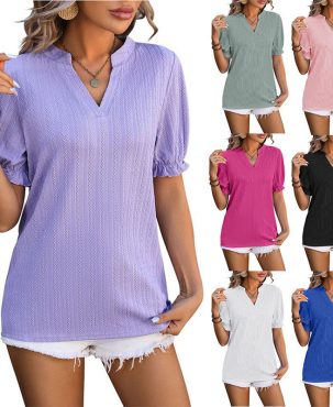 Women's Clothing Solid Color T-shirt V-neck Short Sleeve Fashion Top Temperament Blouse