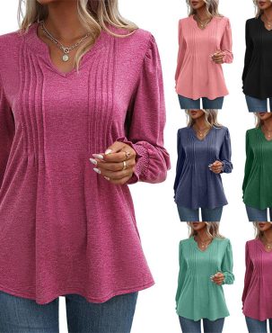Women's Clothing Solid Color Casual Top Puff Sleeve Smocking V-neck Long Sleeve T-shirt