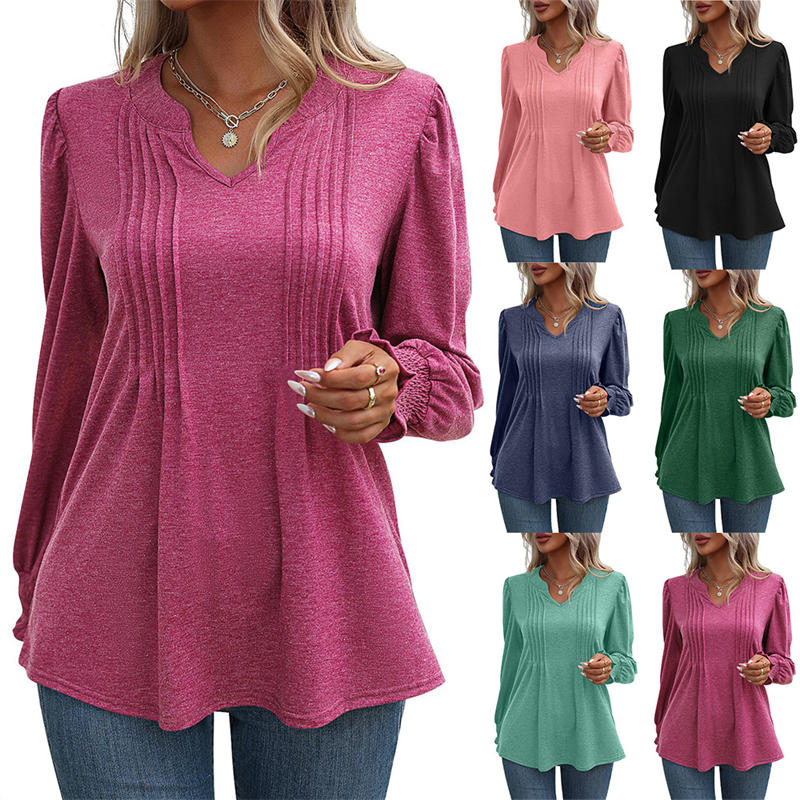 Women's Clothing Solid Color Casual Top Puff Sleeve Smocking V-neck Long Sleeve T-shirt