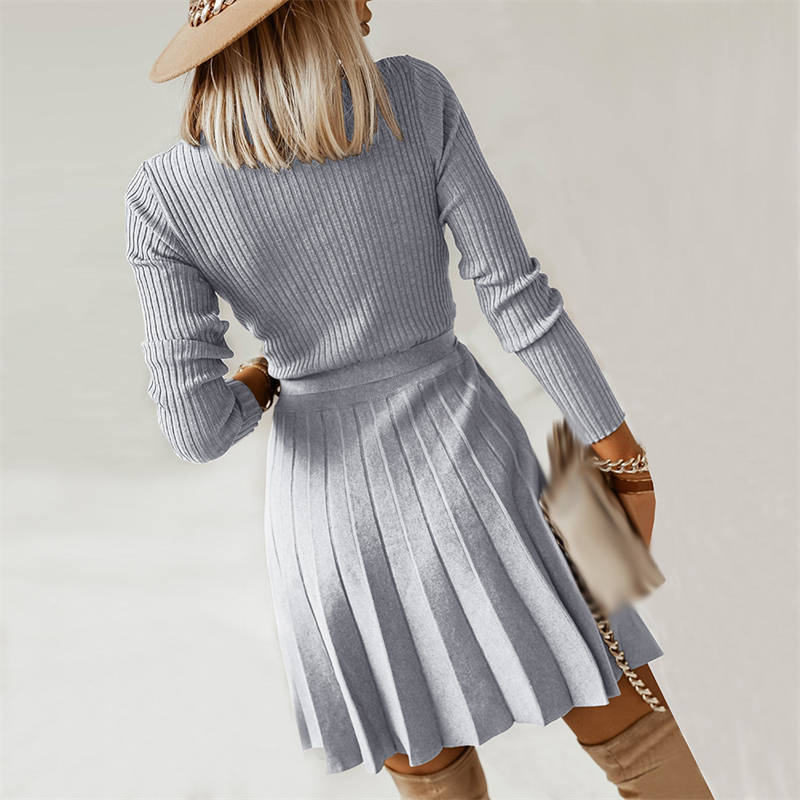 Fashion Sweater Dress Sexy V-neck Pleated Knitted A-Line Dress Long Sleeve - Image 11