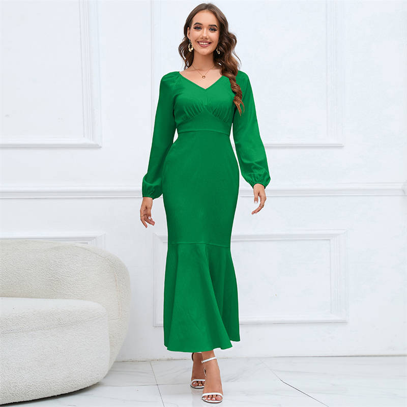 Women's Clothing V-neck Long-Sleeved Fishtail Dress Waist Slim Temperament Long Dress plus Size - 图片 17