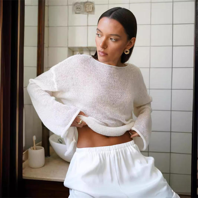 Hollow Sweater Women's See-through Thin Round Neck Long Sleeve Knitted T-shirt - Image 11