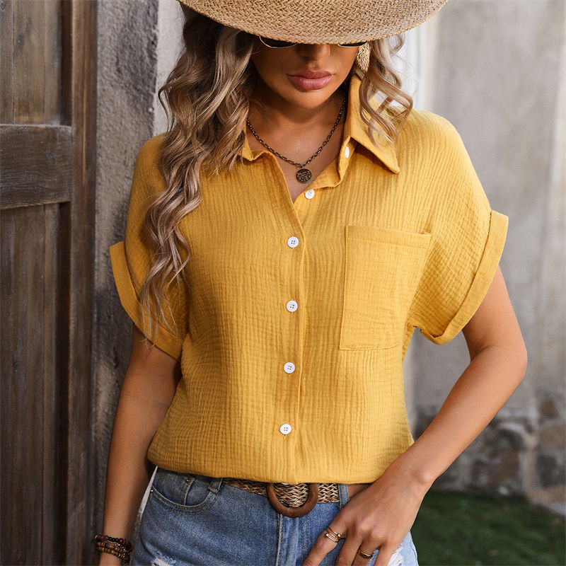 Women's Clothing Loose Short Sleeve Pocket Casual Champray Shirt Short Sleeved T-shirt - Image 9