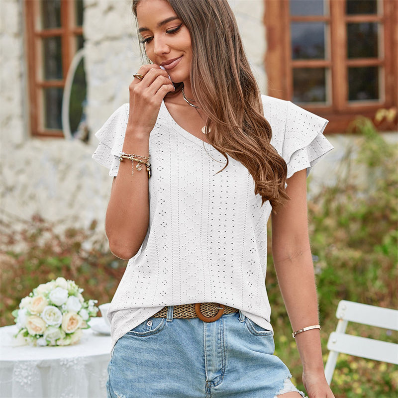Summer Women's Clothing T-shirt Hole Hollow-out Ruffle Sleeve Casual Top - Image 6