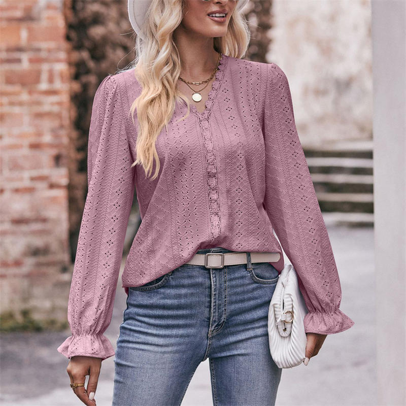 Women's Clothing Solid Color T-shirt Hole Lace V-neck Long Sleeve Top Fashion - Image 12