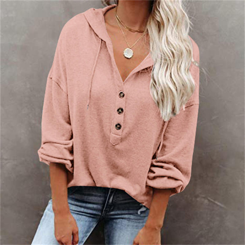 Fashion Casual Loose Solid Color Hoodie Sweater Buttons Long Sleeve Blouse - Image 12