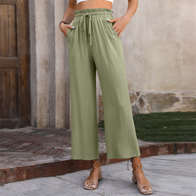 Women's Clothing Spring Casual Solid Color Loose Cotton and Linen High Waist Wide Leg Trousers - Image 10