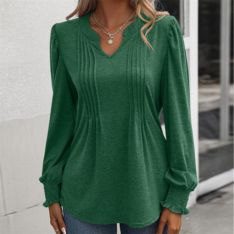 Women's Clothing Solid Color Casual Top Puff Sleeve Smocking V-neck Long Sleeve T-shirt - Image 16