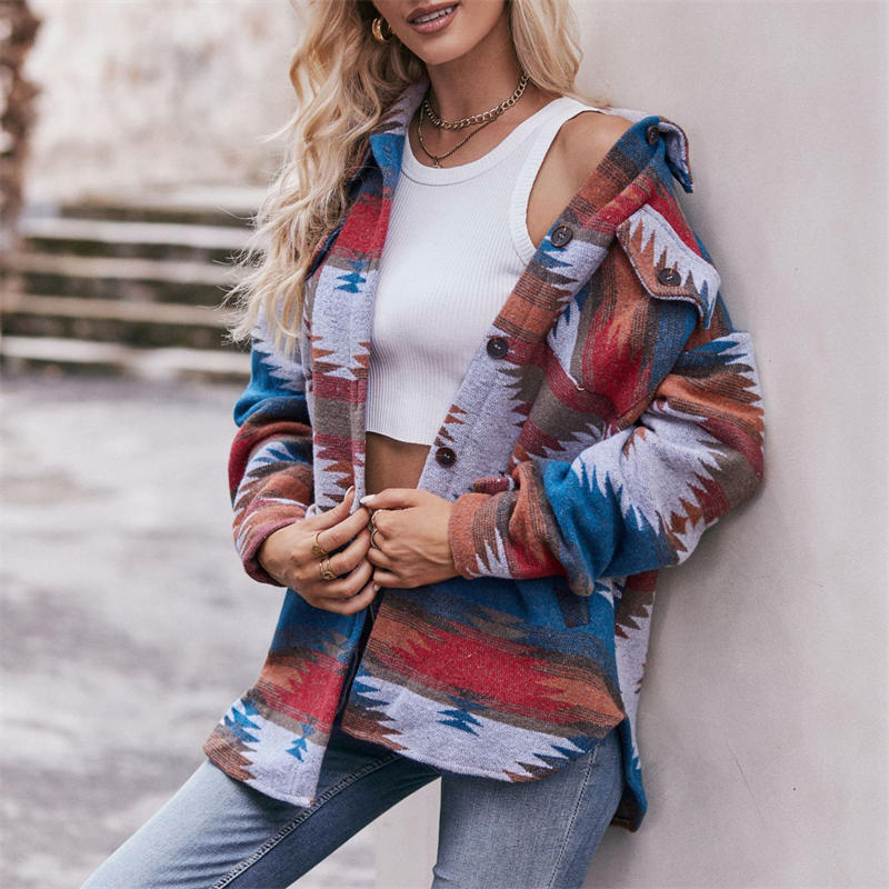 Women's Geometric Jacket Shirt Lapel Woolen Coat Long-Sleeved Loose Coat - 图片 10