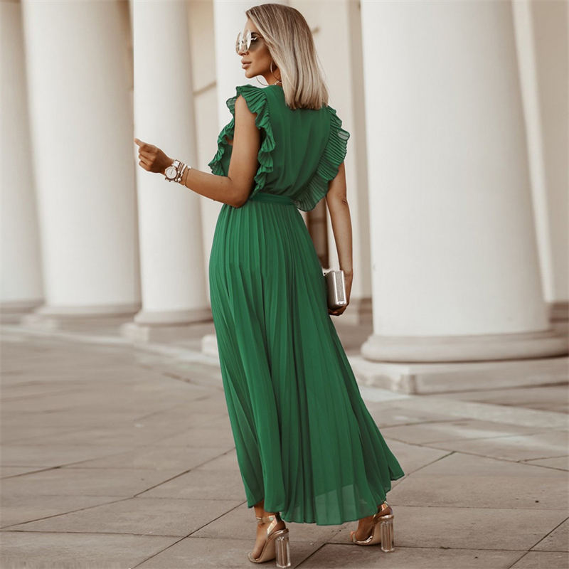 Temperament Beach Long Dress Fashion Slim Sexy Ruffle Sleeve Chiffon Pleated Skirt Solid Color Dress - Image 17
