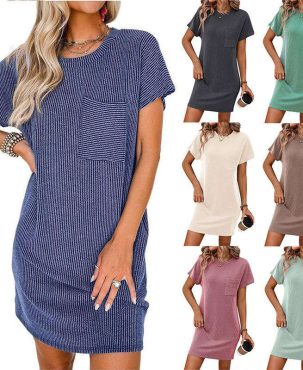 Women's Summer Casual Contrast Color Twist Strip Short Sleeve Pocket Dress