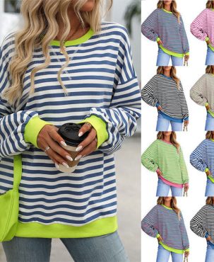 Color Striped round Neck Loose Sweatshirt Sweater for Women Long Sleeve Blouse