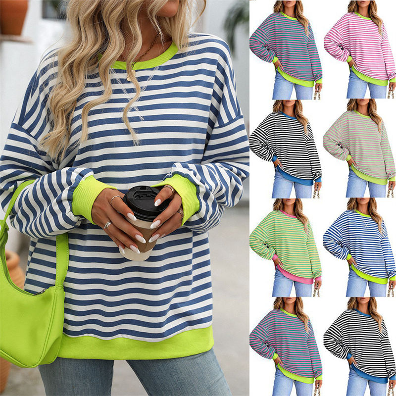 Color Striped round Neck Loose Sweatshirt Sweater for Women Long Sleeve Blouse
