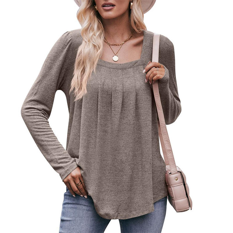 Casual Bubble Sleeve Square Collar Pleated Long Sleeve T-shirt Solid Color Top - 图片 17