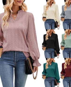 Women's Solid Color Knitted Jacquard Long-Sleeved T-shirt Twist V-neck Top