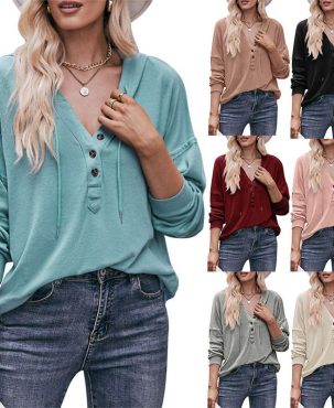 Women's Clothing Casual Long Sleeve Loose V-neck Solid Color Hoodie Sweater