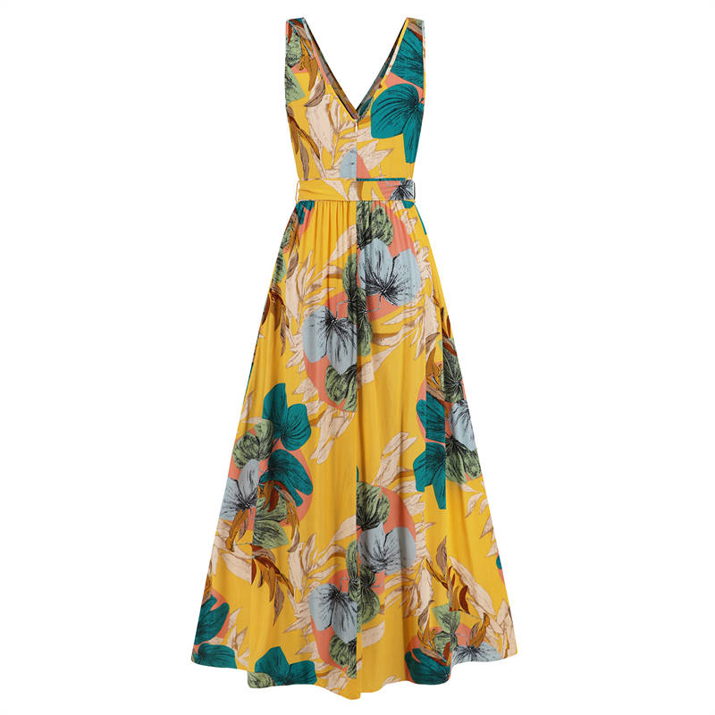 Summer Women Clothing V-neck Sleeveless Slit Printed Long Sling Dress - 图片 12