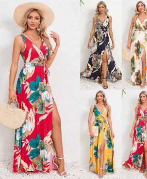 Summer Women Clothing V-neck Sleeveless Slit Printed Long Sling Dress
