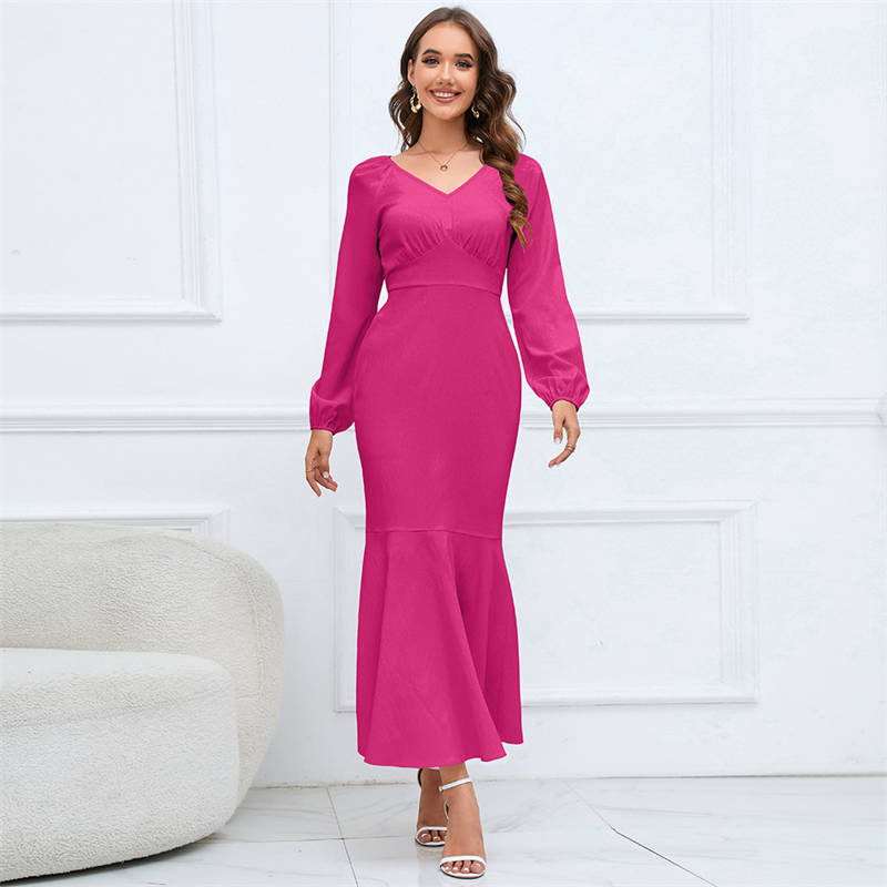 Women's Clothing V-neck Long-Sleeved Fishtail Dress Waist Slim Temperament Long Dress plus Size - 图片 12