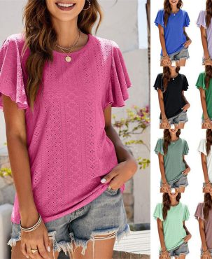 Summer T-shirt Hollow Waist Ruffle Sleeve Casual Top Short Sleeved T-shirt