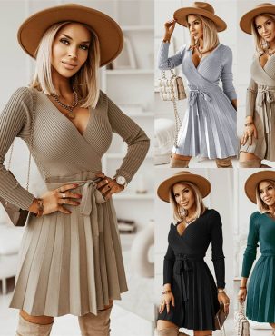 Fashion Sweater Dress Sexy V-neck Pleated Knitted A-Line Dress Long Sleeve