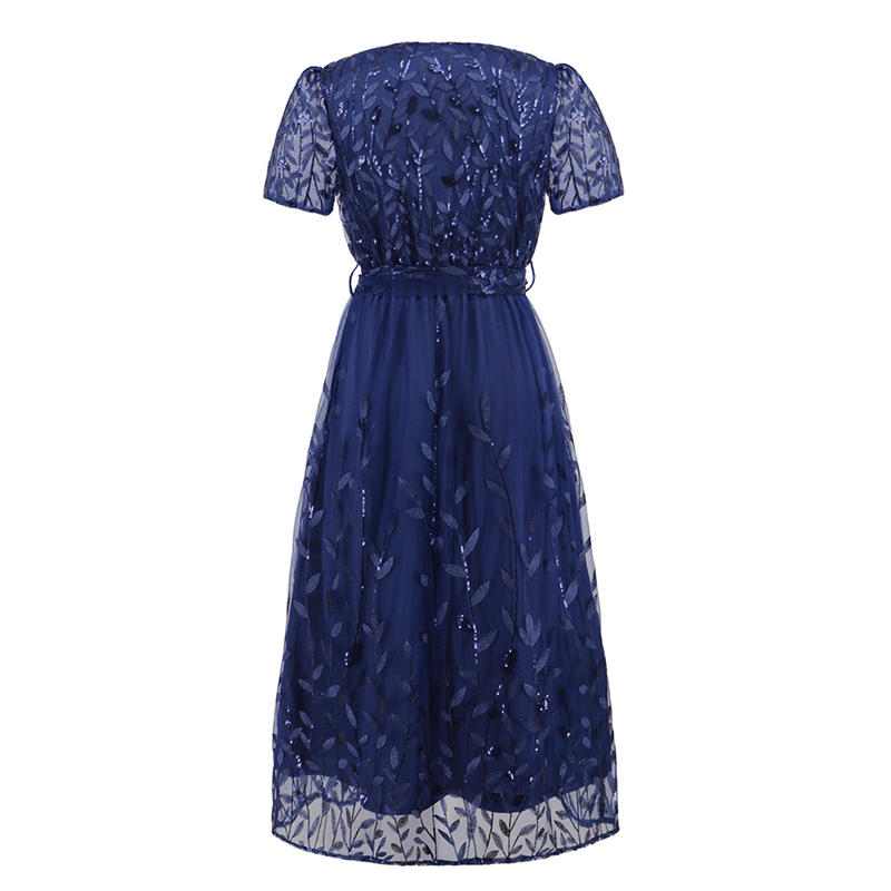 Women's Dress Plus Size Embroidered Bright Yarn Mesh Dress Fashion Slim-Fit V-neck Mid-Length Dress - Image 14