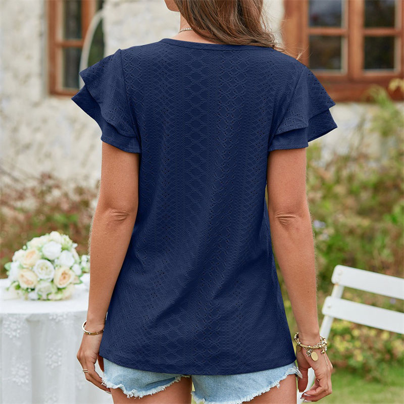 Summer Women's Clothing T-shirt Hole Hollow-out Ruffle Sleeve Casual Top - Image 8