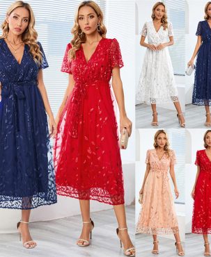 Women's Dress Plus Size Embroidered Bright Yarn Mesh Dress Fashion Slim-Fit V-neck Mid-Length Dress