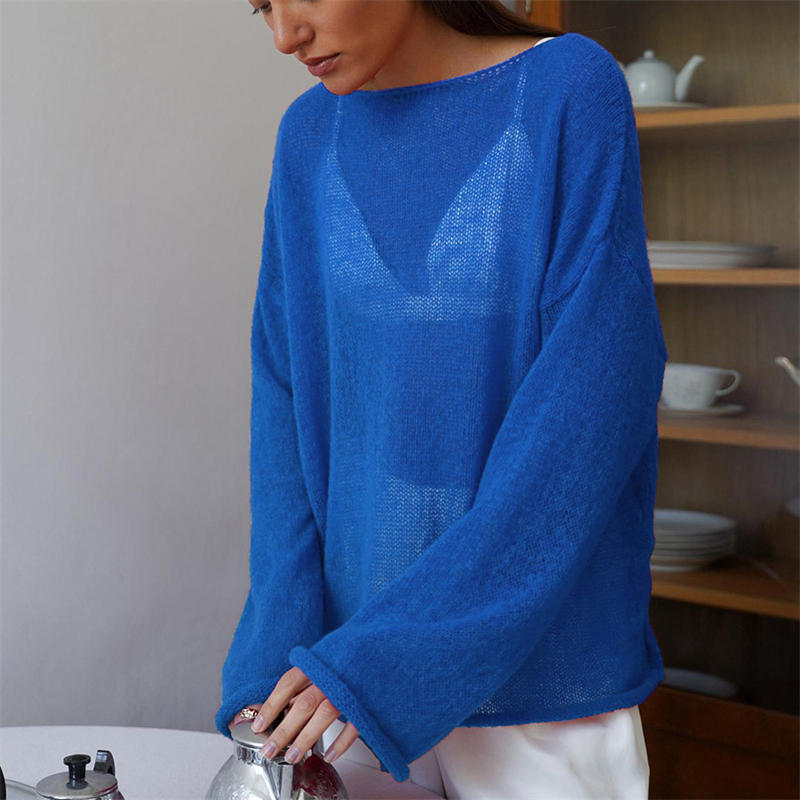 Hollow Sweater Women's See-through Thin Round Neck Long Sleeve Knitted T-shirt - Image 13