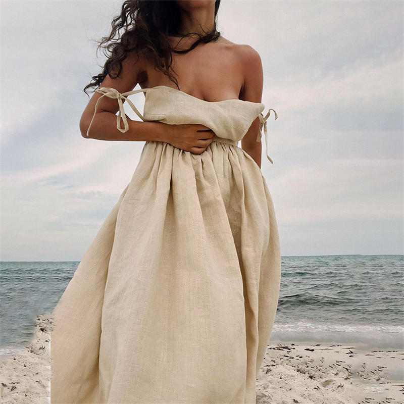 Women's Pure Cotton V-neck Skirt with Shoulder Straps Elegant Sexy Lace-up Backless Dress - 图片 15