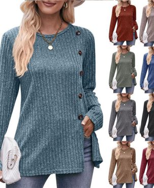 Women's Solid Color Round Neck Sunken Stripe Brushed Slit Fashion Button T-shirt