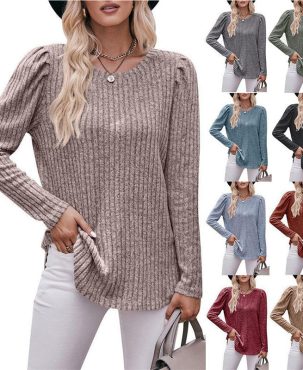 Women's Round-Neck Puff Sleeve Brushed Sunken Stripe Solid Color Upper Clothes Long Sleeves T-shirt