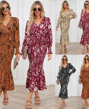 Women's Clothing Slim-Fit Temperament V-neck Belt Printed Dress Long Fish Tail Dress