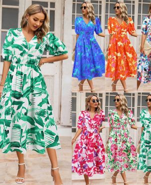 Fashion Summer Women's V-neck Bohemian Printing Dress A-line Skirt