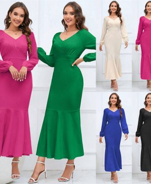Women's Clothing V-neck Long-Sleeved Fishtail Dress Waist Slim Temperament Long Dress plus Size
