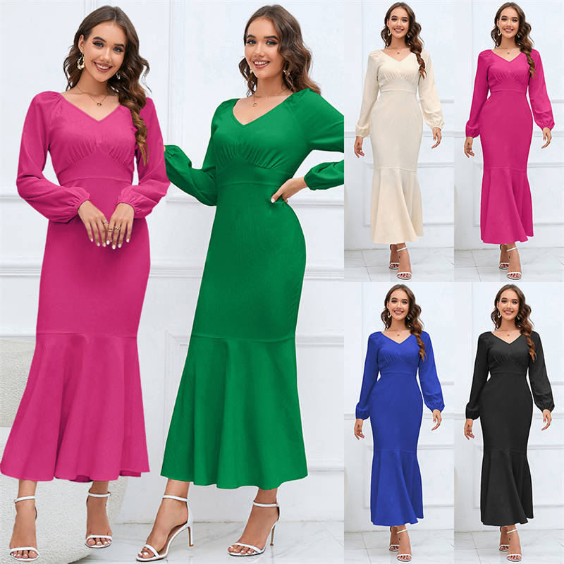 Women's Clothing V-neck Long-Sleeved Fishtail Dress Waist Slim Temperament Long Dress plus Size