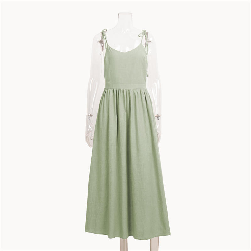Women's Pure Cotton V-neck Skirt with Shoulder Straps Elegant Sexy Lace-up Backless Dress - 图片 17