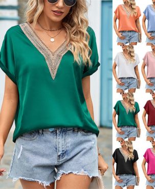 Women's Clothing V-neck Lace Satin Short Sleeve Shirt Batwing Sleeve Top