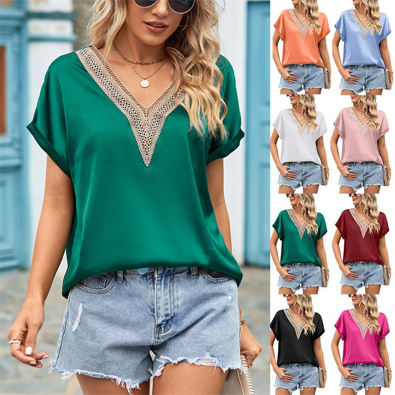 Women's Clothing V-neck Lace Satin Short Sleeve Shirt Batwing Sleeve Top