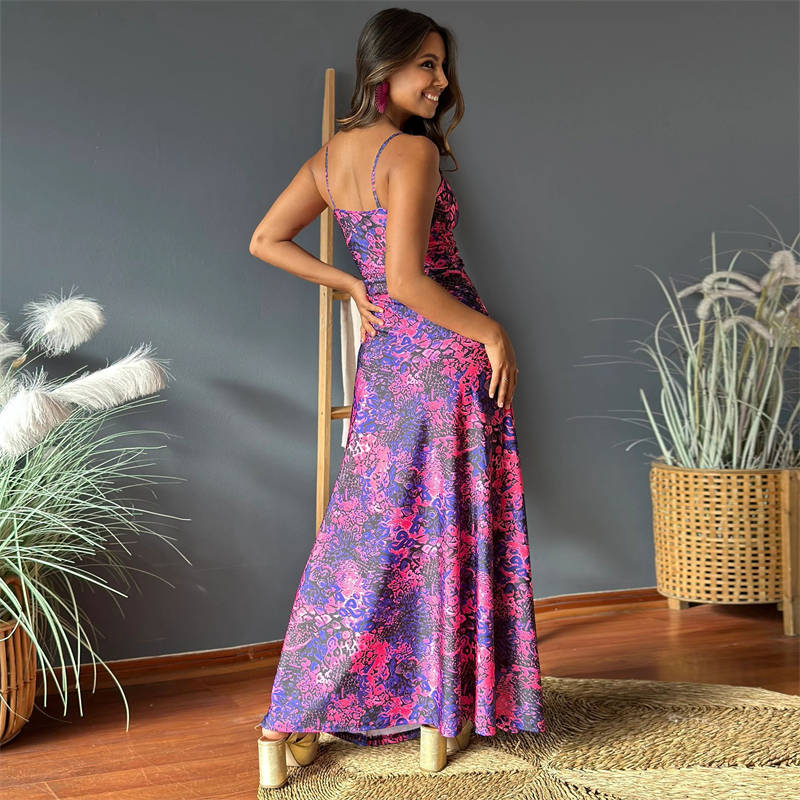 Fashion Women's Wear V-neck Printing Elegant A Swing Long Halter Dress - Image 15