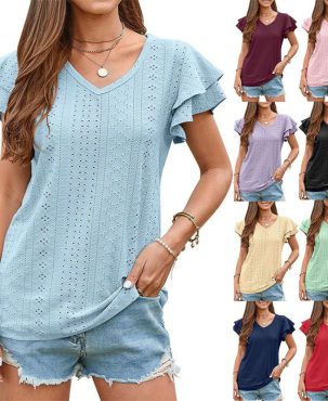 Summer Women's Clothing T-shirt Hole Hollow-out Ruffle Sleeve Casual Top