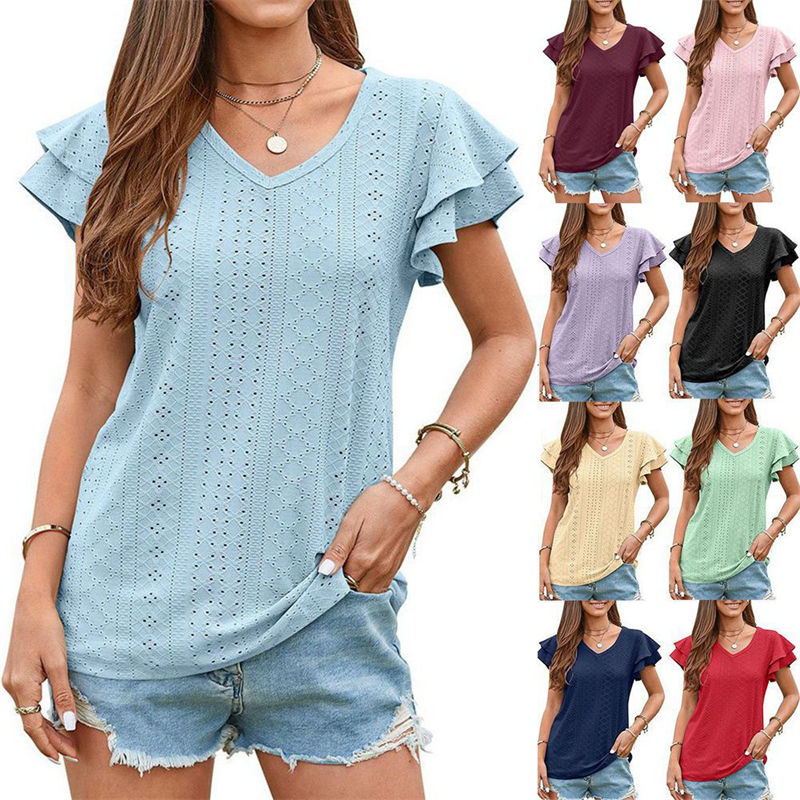 Summer Women's Clothing T-shirt Hole Hollow-out Ruffle Sleeve Casual Top