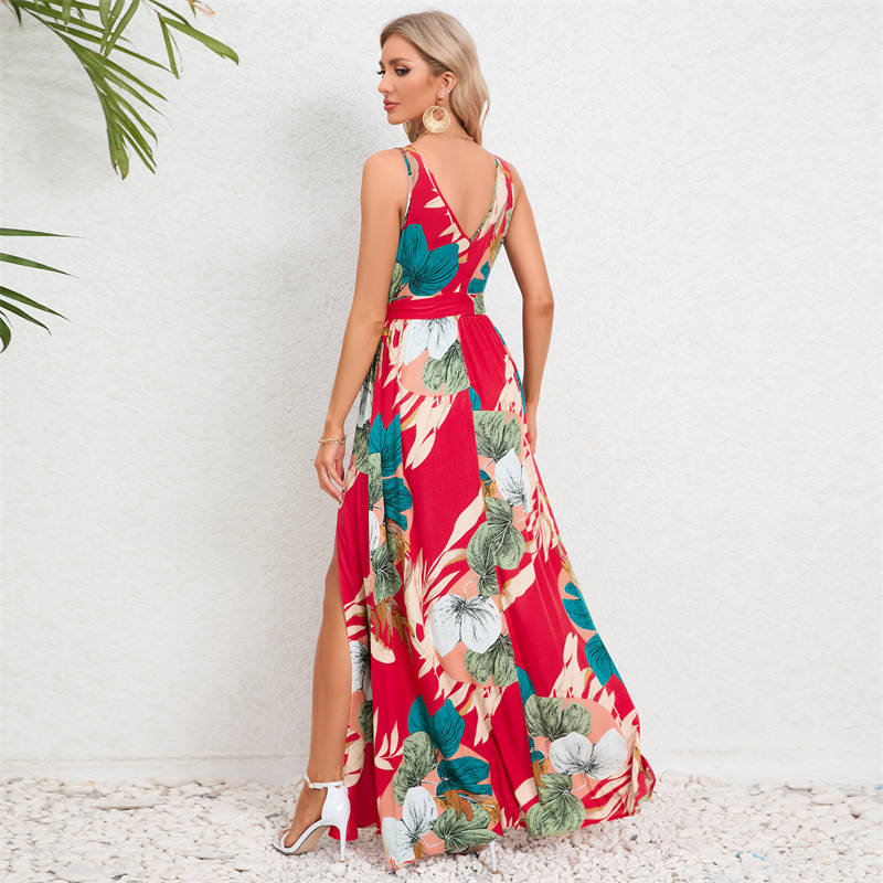 Summer Women Clothing V-neck Sleeveless Slit Printed Long Sling Dress - 图片 14