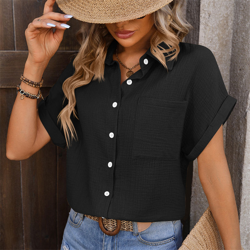 Women's Clothing Loose Short Sleeve Pocket Casual Champray Shirt Short Sleeved T-shirt - Image 10