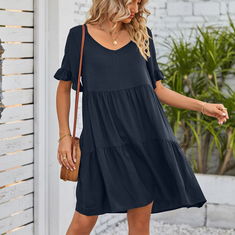 Women's Clothes Summer Casual V-neck Three-Layer Pleated Dress Short Sleeved Skirt - Image 11