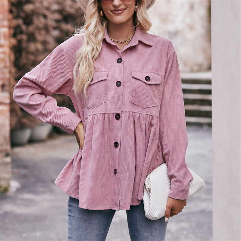Women Clothing Solid Color Button Leisure Doll Shirt Babydoll Corduroy T-Shirt Casual Top - 图片 10