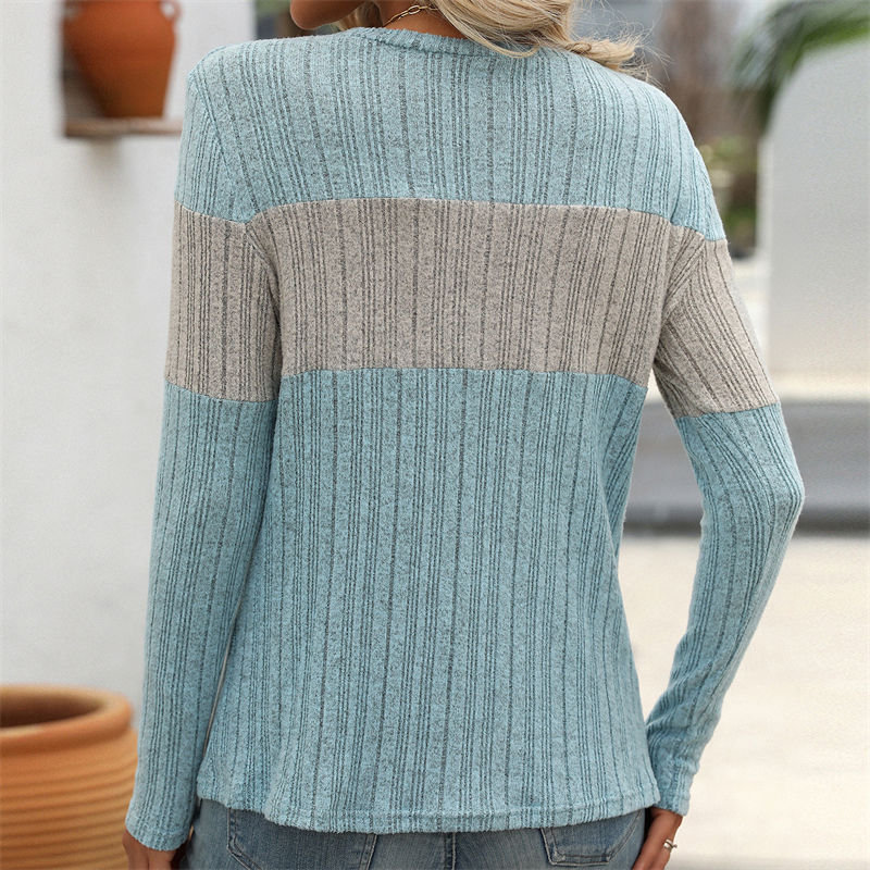 Women's Clothing Casual Multicolor Sunken Stripe T-shirt Long Sleeves Round Beck Top - Image 10