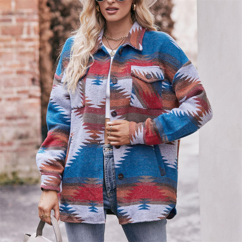 Women's Geometric Jacket Shirt Lapel Woolen Coat Long-Sleeved Loose Coat - 图片 11