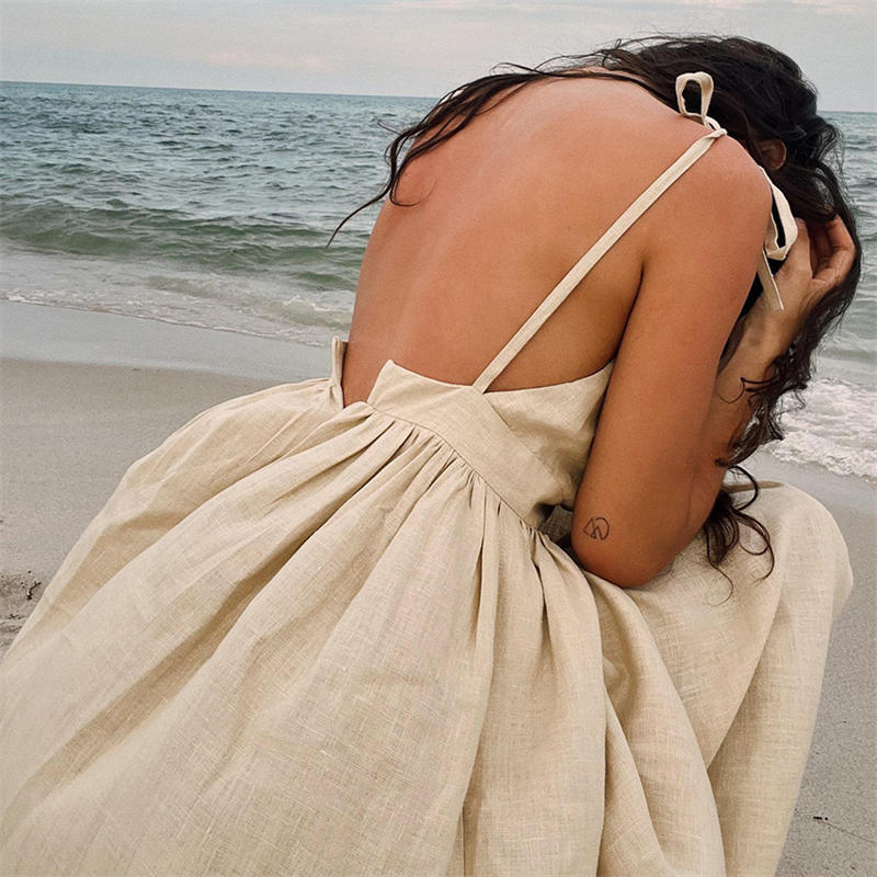 Women's Pure Cotton V-neck Skirt with Shoulder Straps Elegant Sexy Lace-up Backless Dress - 图片 19